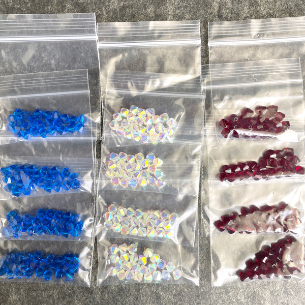 5mm bicone crystal beads Swarovski? - 288 pcs - red, white, blue - estate destash