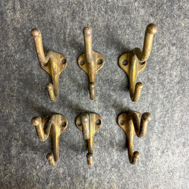 6 Cast Metal Brass Plated Vintage Double Coat Hooks - Rounded Tip -  Aged Rustic Patina