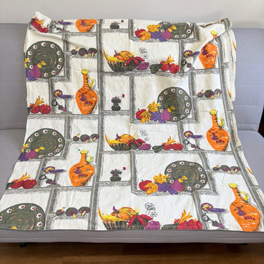 Vintage MCM barkcloth fabric - kitchen print - gray, cream orange, purple - 2+ yards - NextStage Vintage