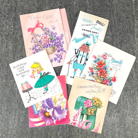 6 Birthday and Mother's Day Greeting cards - vintage 1950s and 1960s - used