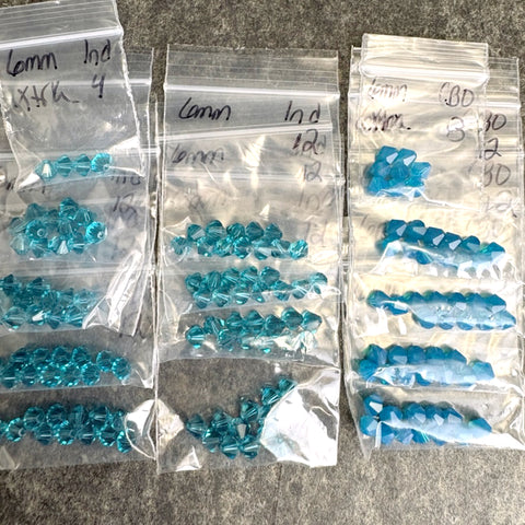 144pc 6mm bicone crystal beads lot Swarovski? – indicolite, capri blue opal – destash sale