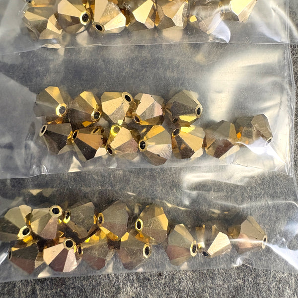 168 pc 6mm crystal bicone beads - green, gold - Swarovski? estate destash