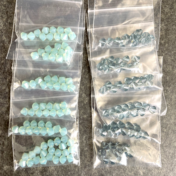 6mm crystal bicone beads Swarovski? - 144+ pc - pacific opal, blue gray - estate destash