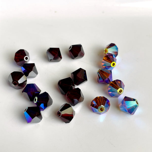 6mm crystal bicone beads Swarovski? - 144 pc - reds, purples - estate destash