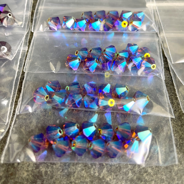 6mm crystal bicone beads Swarovski? - 144 pc - reds, purples - estate destash