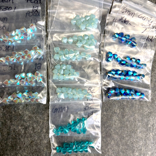 168 pcs 6mm crystal bicone beads - all blues - Swarovski? destash