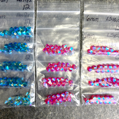 156pc 6mm bicone crystal beads – lt siam 2x, erinite 2x – Swarovski? destash - NextStage Vintage