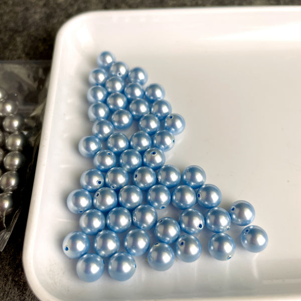 6mm round crystal pearls Swarovski? -300 pc - blue, gray, mauve - estate destash