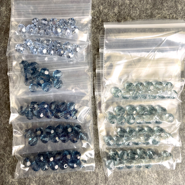 6mm round crystal beads Swarovski? - lot of 120+ smoky blues - estate destash