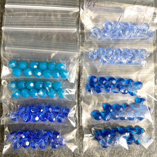 6mm round crystal beads Swarovski? - 108 pcs - bright blues - estate destash