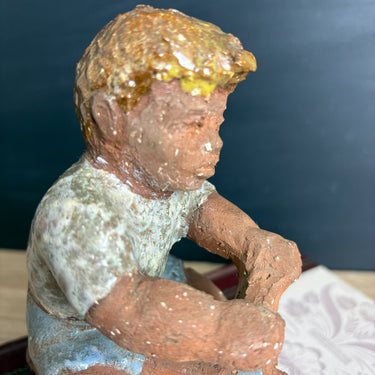 Vintage 1970s Studio Pottery Boy on Tricycle Figurine - Speckled Stoneware Sculpture - Folk Art - Handmade