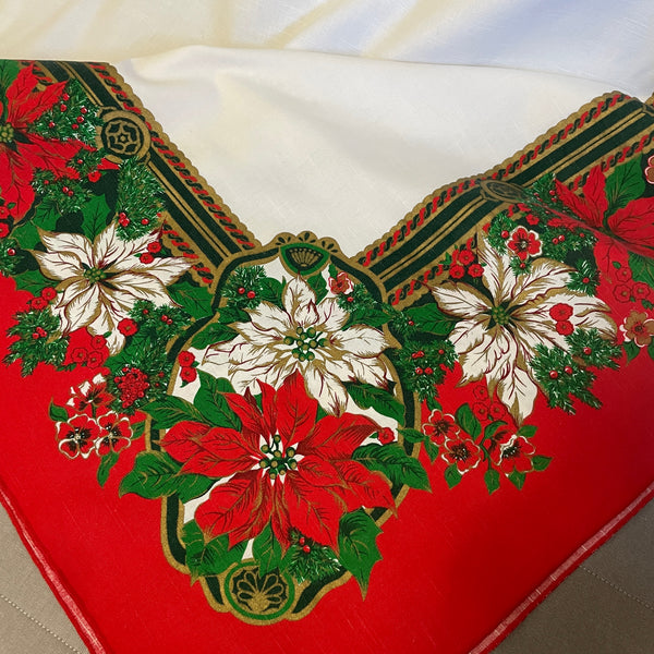 Christmas poinsettia tablecloth - 62x84 - vintage 1980s table linen