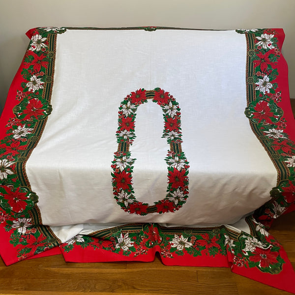 Christmas poinsettia tablecloth - 62x84 - vintage 1980s table linen