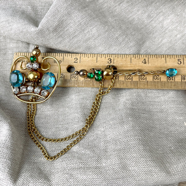 Jeweled crown and scepter chatelaine prooches - 1950s vintage - NextStage Vintage