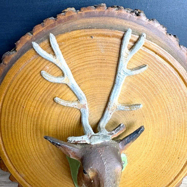 Adirondack Mountains souvenir plaque – rustic wood slice with cast metal deer head