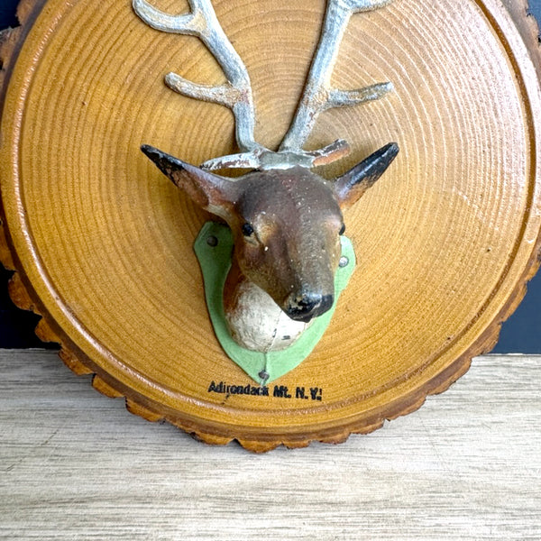 Adirondack Mountains souvenir plaque – rustic wood slice with cast metal deer head