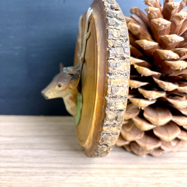 Adirondack Mountains souvenir plaque – rustic wood slice with cast metal deer head