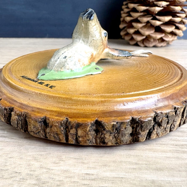 Adirondack Mountains souvenir plaque – rustic wood slice with cast metal deer head