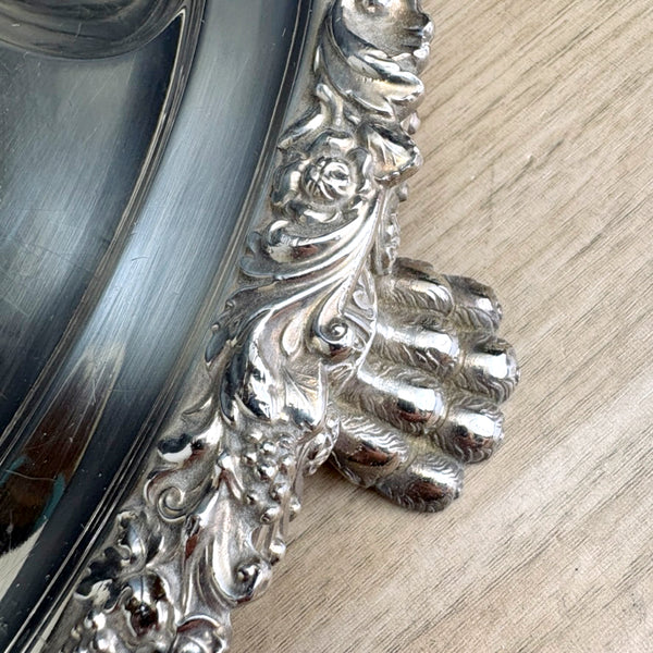 1930s Birks-Ellis Regency Plate footed silver plate meat platter with tree well