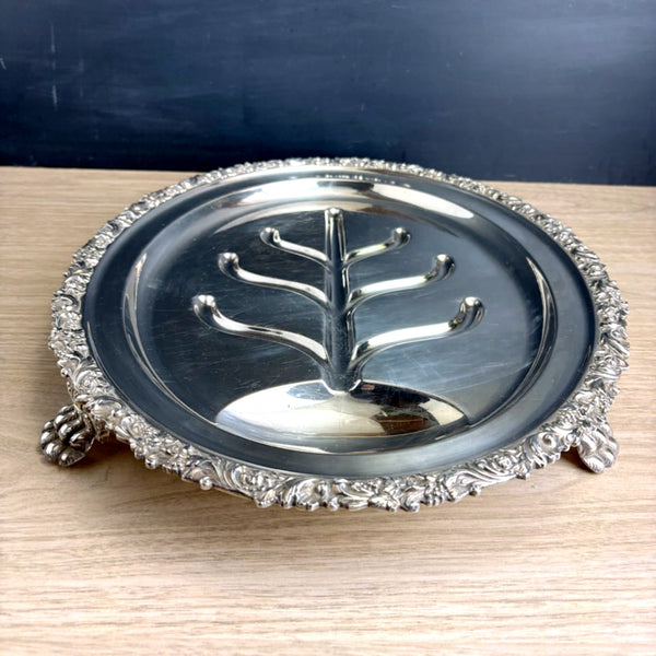 1930s Birks-Ellis Regency Plate footed silver plate meat platter with tree well