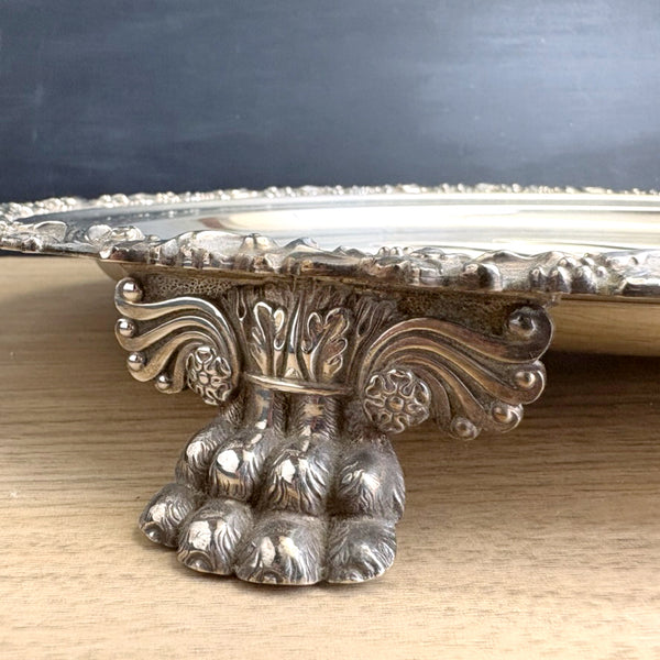 1930s Birks-Ellis Regency Plate footed silver plate meat platter with tree well
