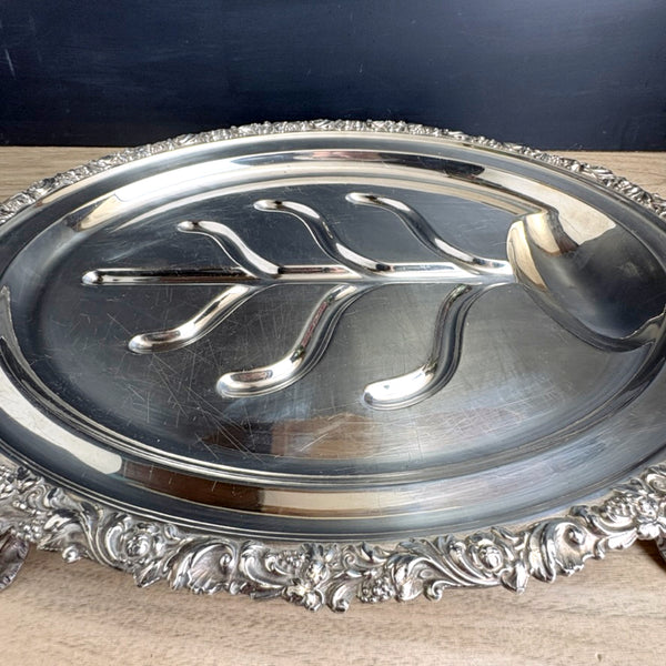 1930s Birks-Ellis Regency Plate footed silver plate meat platter with tree well