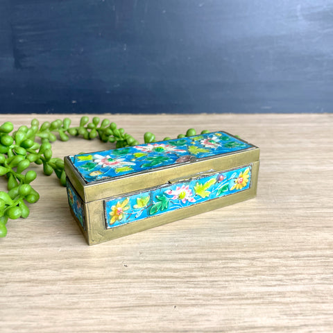 Chinese brass and enamel stamp box - vintage Asian decor