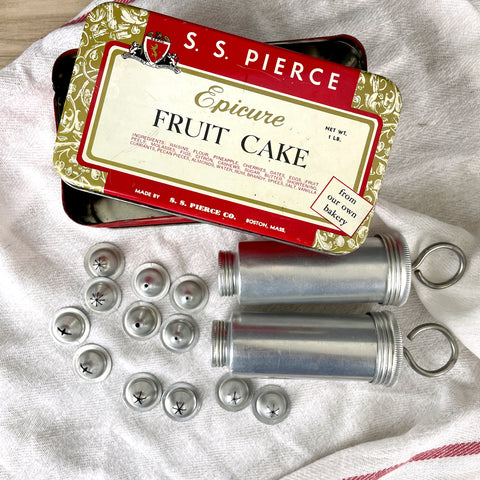 Aluminum cake decorators with tips in a vintage tin - 1950s vintage