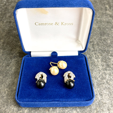Camrose & Kross Jacqueline Kennedy convertible earrings with faux pearl dangles & box - NextStage Vintage