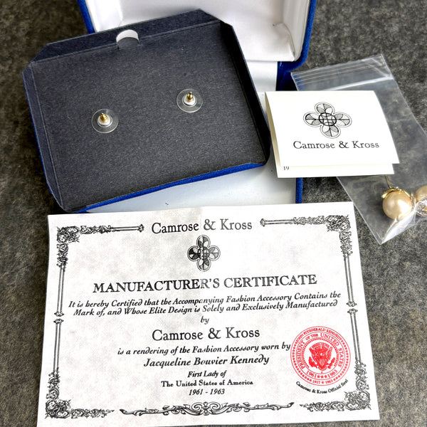 Camrose & Kross Jacqueline Kennedy convertible earrings with faux pearl dangles & box - NextStage Vintage