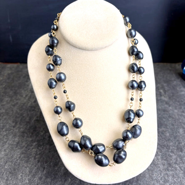 Camrose & Kross Jacqueline Kennedy black faux baroque pearl double strand necklace - NextStage Vintage