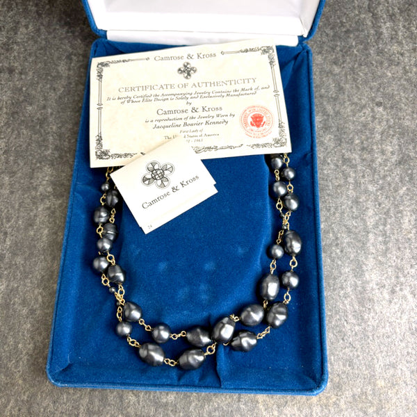 Camrose & Kross Jacqueline Kennedy black faux baroque pearl double strand necklace - NextStage Vintage