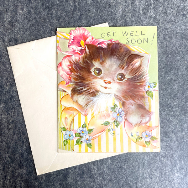 Cat with fur Get Well Soon card - 1950s Hampton Art with envelope - unused