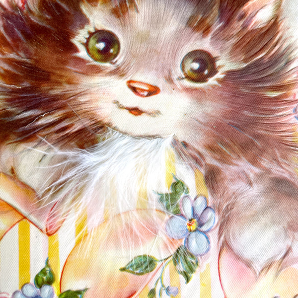 Cat with fur Get Well Soon card - 1950s Hampton Art with envelope - unused