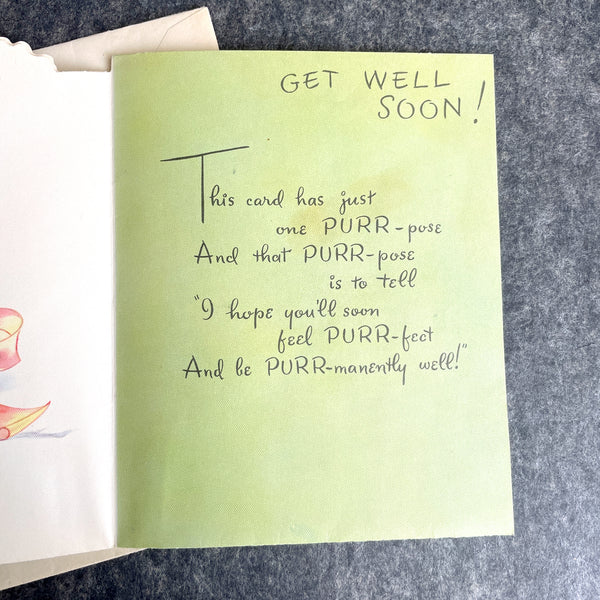 Cat with fur Get Well Soon card - 1950s Hampton Art with envelope - unused