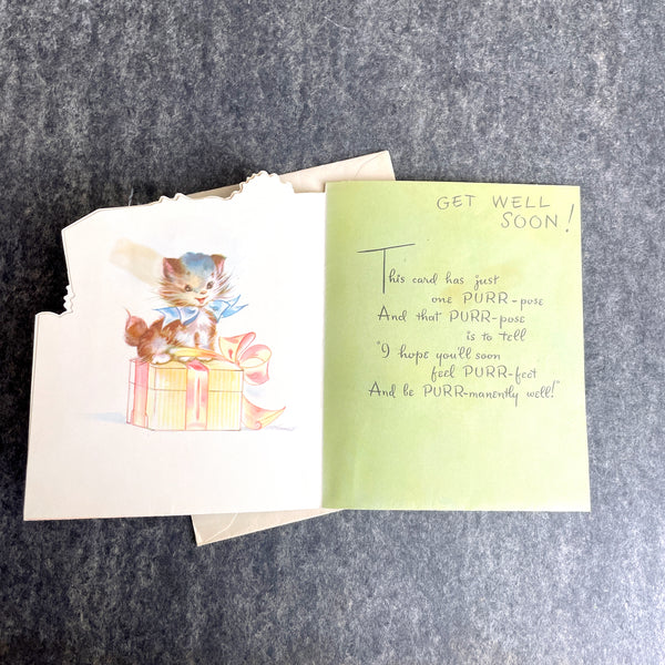 Cat with fur Get Well Soon card - 1950s Hampton Art with envelope - unused