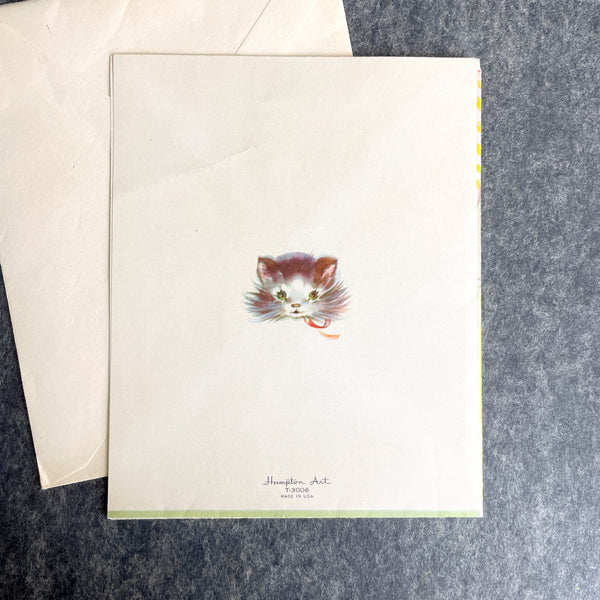 Cat with fur Get Well Soon card - 1950s Hampton Art with envelope - unused