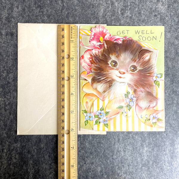 Cat with fur Get Well Soon card - 1950s Hampton Art with envelope - unused