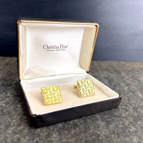 1980s Christian Dior Gold Tone Square Cufflinks All-Over Logo Pattern - Original Box