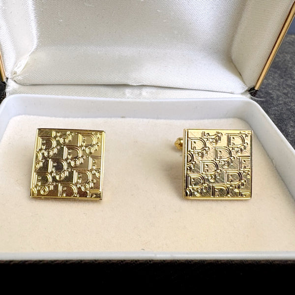 1980s Christian Dior Gold Tone Square Cufflinks All-Over Logo Pattern - Original Box
