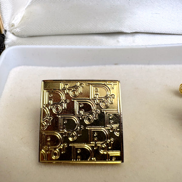1980s Christian Dior Gold Tone Square Cufflinks All-Over Logo Pattern - Original Box
