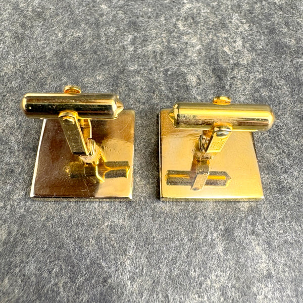 1980s Christian Dior Gold Tone Square Cufflinks All-Over Logo Pattern - Original Box