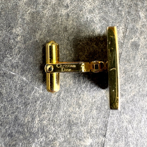 1980s Christian Dior Gold Tone Square Cufflinks All-Over Logo Pattern - Original Box