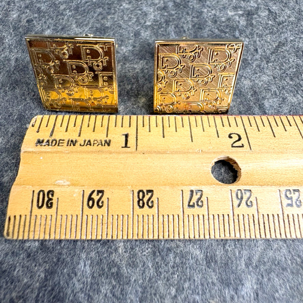 1980s Christian Dior Gold Tone Square Cufflinks All-Over Logo Pattern - Original Box