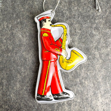 Dansk tin saxophone player ornament Swedish Navy Band litho Denmark - vintage - NextStage Vintage