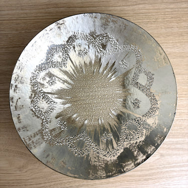 Dorothy Thorpe MCM silver overlay glass serving bowl with wintery atomic pattern - NextStage Vintage