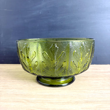 1975 FTD olive green oval footed vase – textured glass oak leaf design - NextStage Vintage
