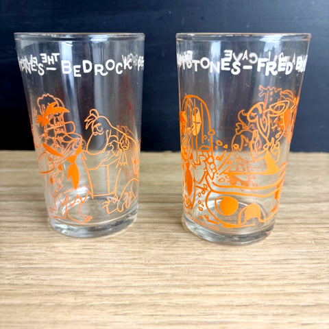Flintstones Welch's jelly glasses set of 2 - 1963 and 1964 vintage - Doll Cave and Pet Show