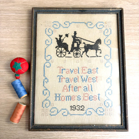 "Home's Best" cross stitch - vintage framed needlework - 1930s vintage