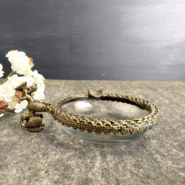 French poodle brass-rimmed glass ashtray - mid century novelty dish
